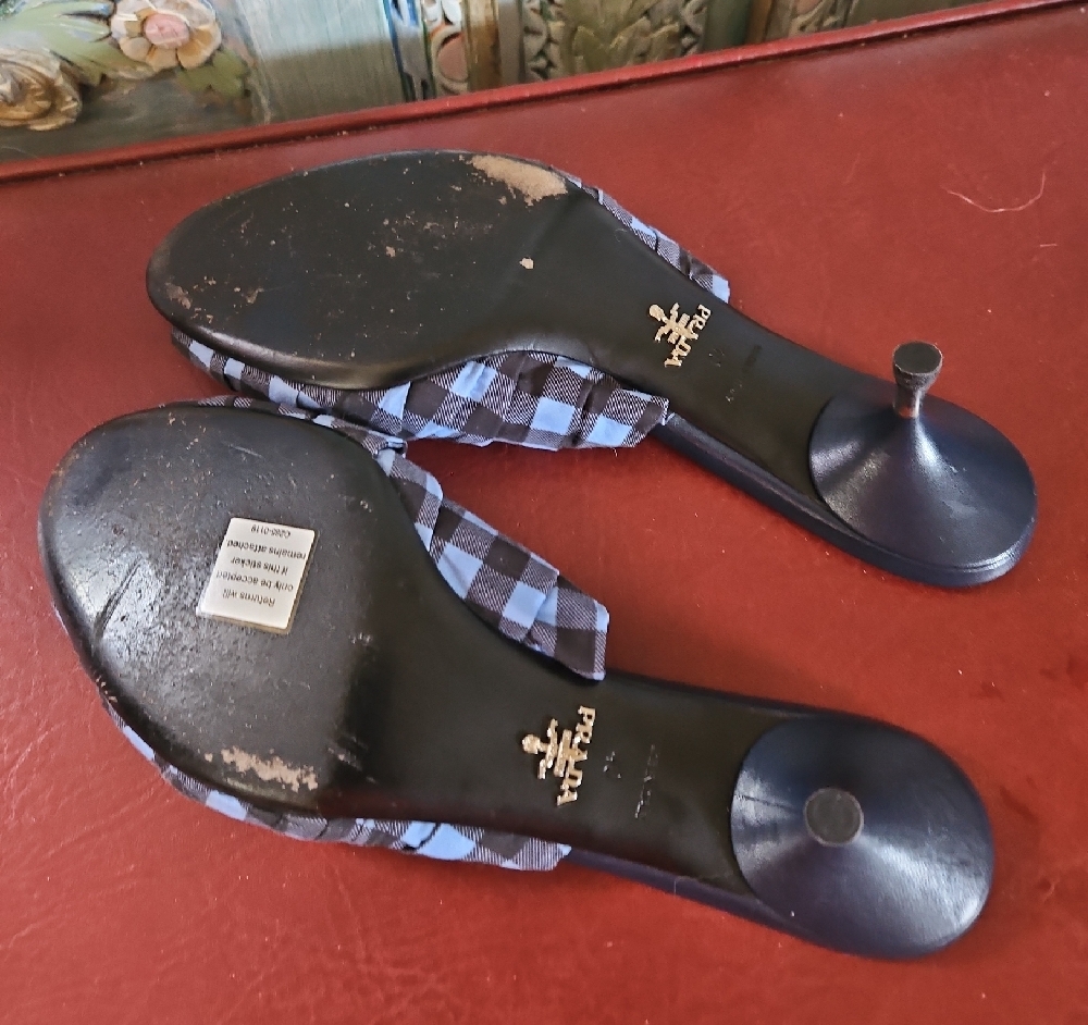 Prada Black and Blue Mules with Gingham Bow - Picture 7 of 7
